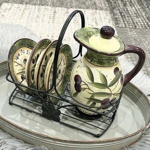 Certified International Susan Winget Olive Ceramic Pitcher Snack Plate Rack Set